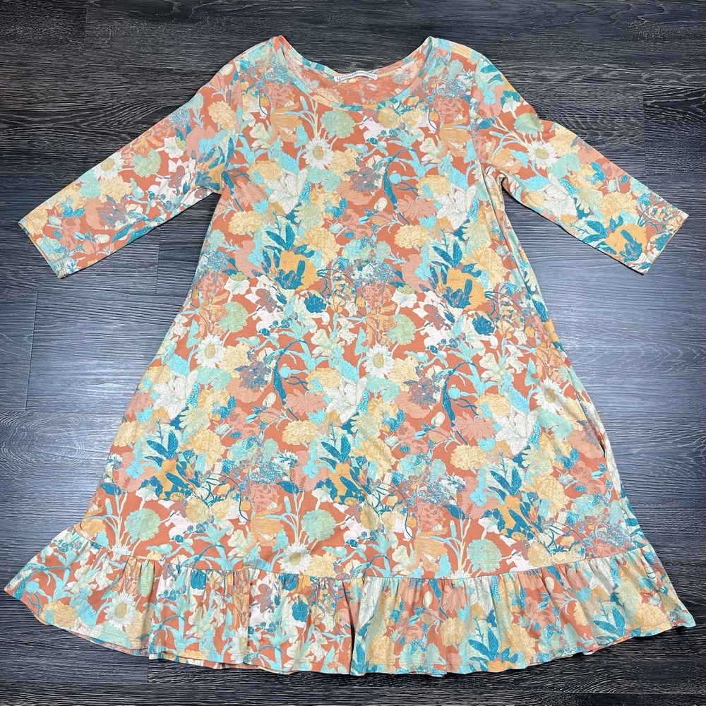 Peruvian Connection Floral Dress Size M BohoChic Lagenlook Artsy Pima Cotton